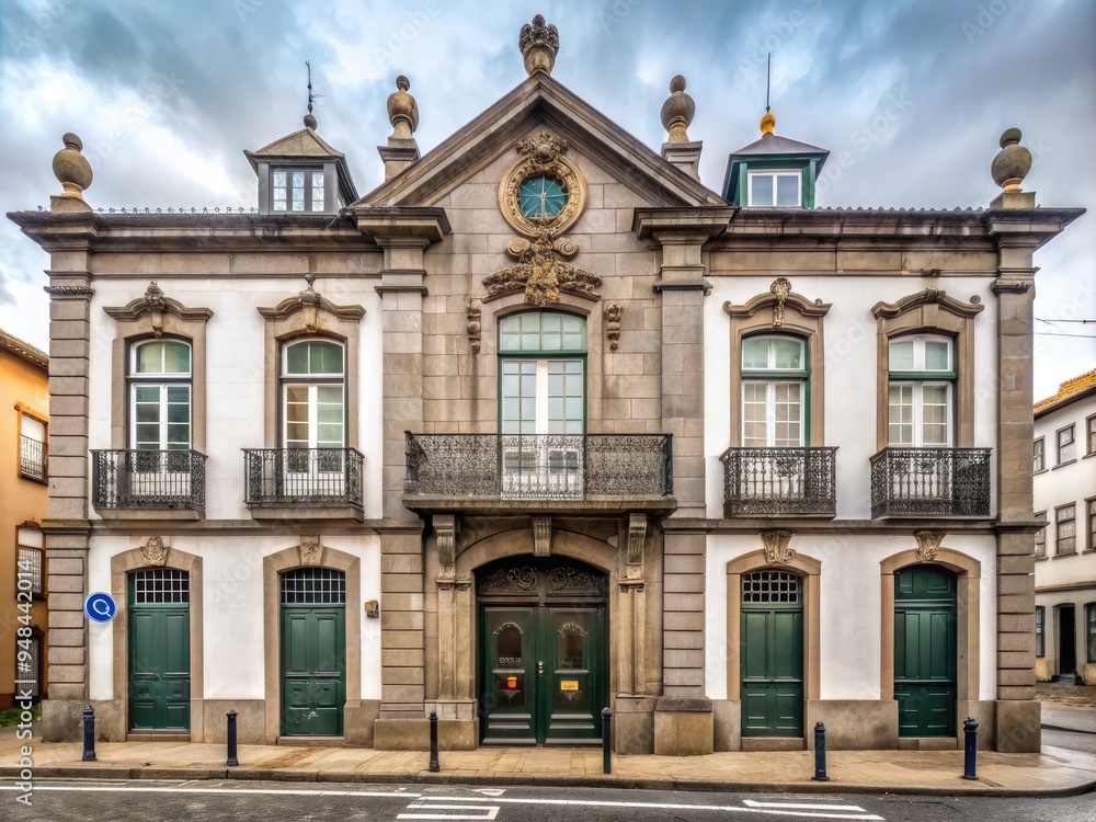 Fototapeta premium Facade of a bank agency in Vila Nova de Famalicao, Portugal, featuring a prominent financial institution's logo and emblem on a gray winter day.