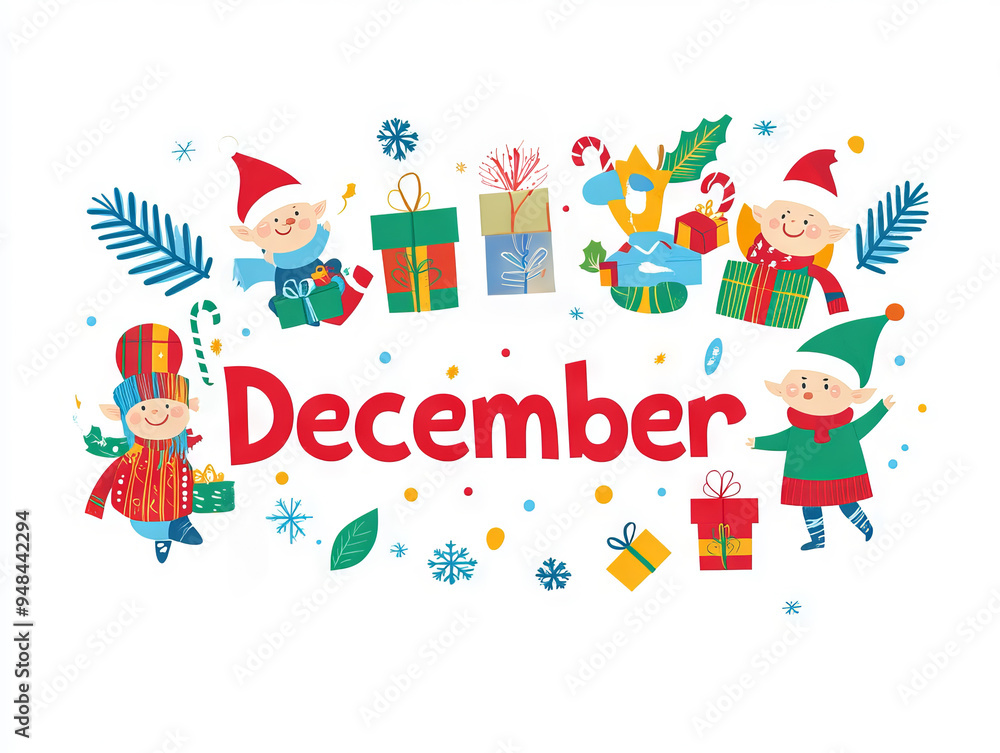 December illustrated with colorful seasonal icons December illustrated with colorful seasonal icons
