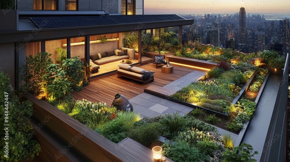 Obraz premium Lush rooftop garden with a variety of edible plants, cozy seating area, and solar-powered lights, creating a sustainable urban sanctuary.