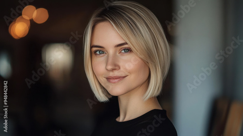 Blonde woman with a sleek, short haircut, smiling softly as she gazes into the camera