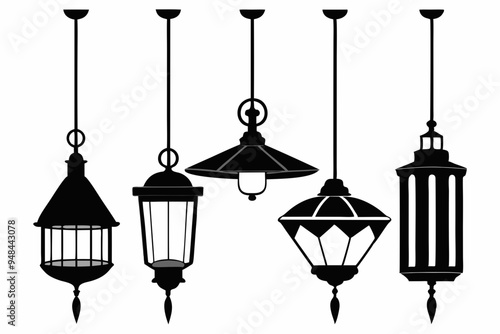 Vintage hanging light vector, Arabic lamp, lanterns silhouette illustration