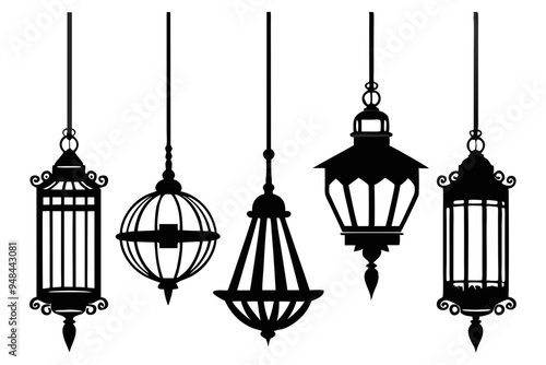 Vintage hanging light vector, Arabic lamp, lanterns silhouette illustration