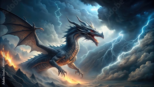 Fierce mythical dragon Wyrm battles against robust stormy gale, its scales glinting amidst turbulent clouds and flashing lightning bolts in a dramatic fantasy atmosphere. photo