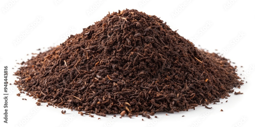 Fine, dark brown tea powder scattered evenly on a pristine white background, showcasing the intricate texture and aroma of carefully dried and blended black tea leaves. Fine, dark brown tea powder scattered evenly on a pristine white background, showcasing the intricate texture and aroma of carefully dried and blended black tea leaves.