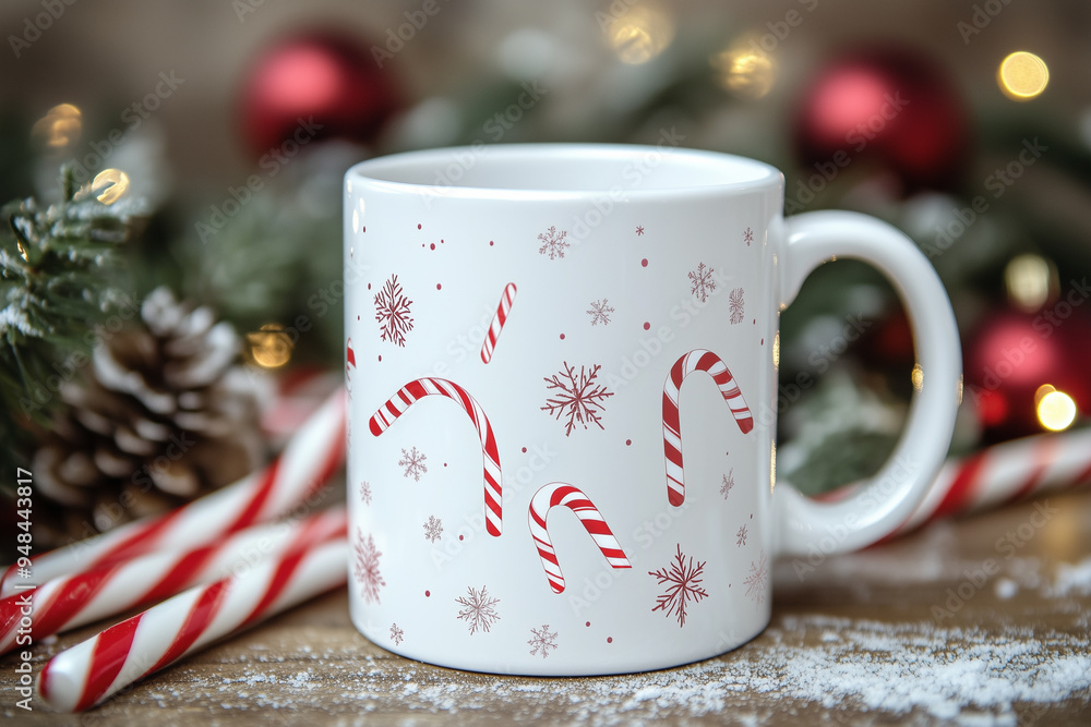 Cozy white mug surrounded by festive snowflakes and candy canes for holiday warmth Cozy white mug surrounded by festive snowflakes and candy canes for holiday warmth
