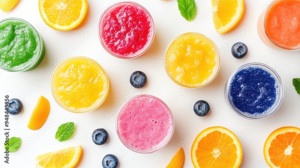 Various vibrant smoothies are displayed in glass cups, surrounded by fresh fruits and mint leaves, perfect for a summer refreshment Various vibrant smoothies are displayed in glass cups, surrounded by fresh fruits and mint leaves, perfect for a summer refreshment