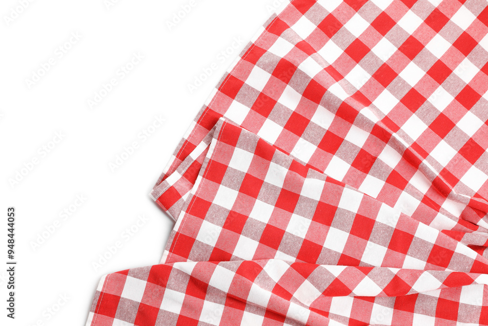 Crumpled checkered tablecloth isolated on white, top view Crumpled checkered tablecloth isolated on white, top view