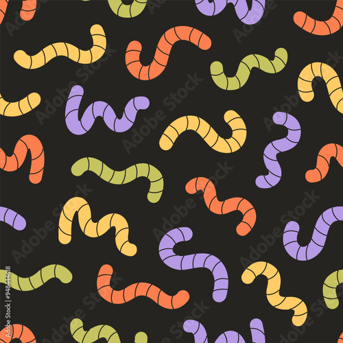 Seamless pattern with colorful gummy worms. Texture for backgrounds, banners, wallpapers, textiles, wrapping paper. Vector illustration in flat style