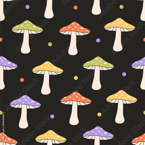 Fly agaric mushroom seamless pattern. Texture for banners, wallpapers, textiles, wrapping paper. Vector illustration in flat style