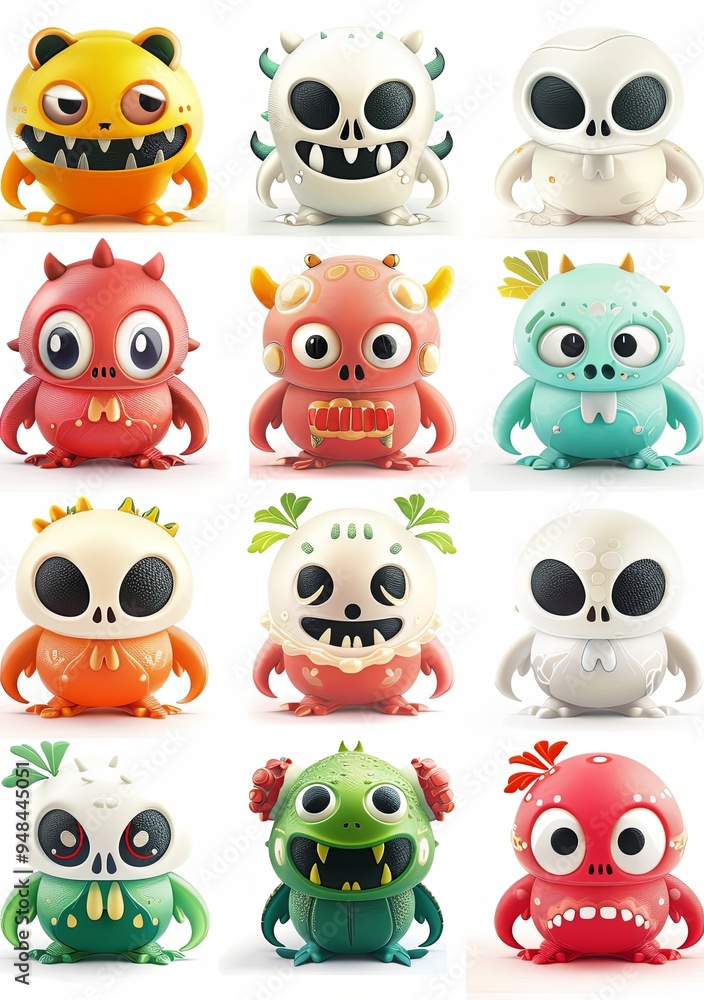 Obraz premium Collection of 12 cute and funny 3D cartoon monster characters with different colors, shapes, and expressions.