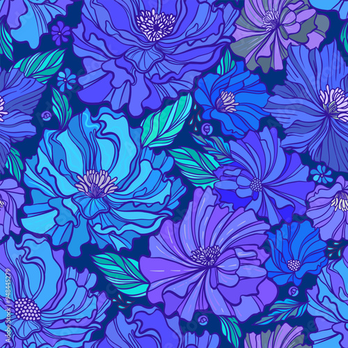Bright seamless pattern with abstract flowers in fresh color palette. Endless...
