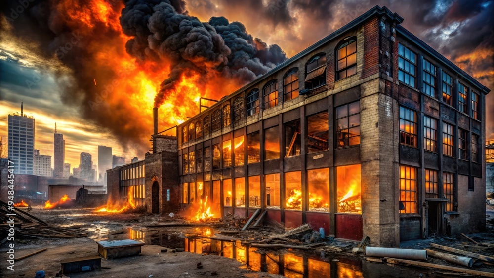 Fototapeta premium Flames engulf a charred and smoldering abandoned warehouse, with broken windows and debris scattered around, amidst a dark and desolate urban cityscape at dusk.
