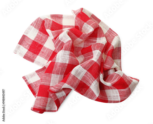 Crumpled tablecloth with checkered pattern isolated on white, top view