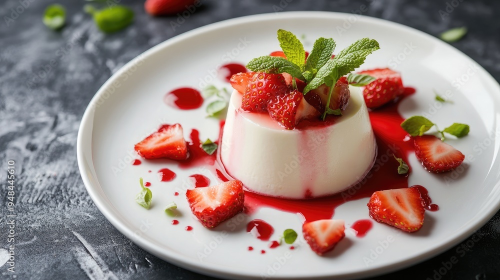 Delicate Strawberry Panna Cotta on a sleek white plate, with vibrant strawberries and a touch of mint Delicate Strawberry Panna Cotta on a sleek white plate, with vibrant strawberries and a touch of mint