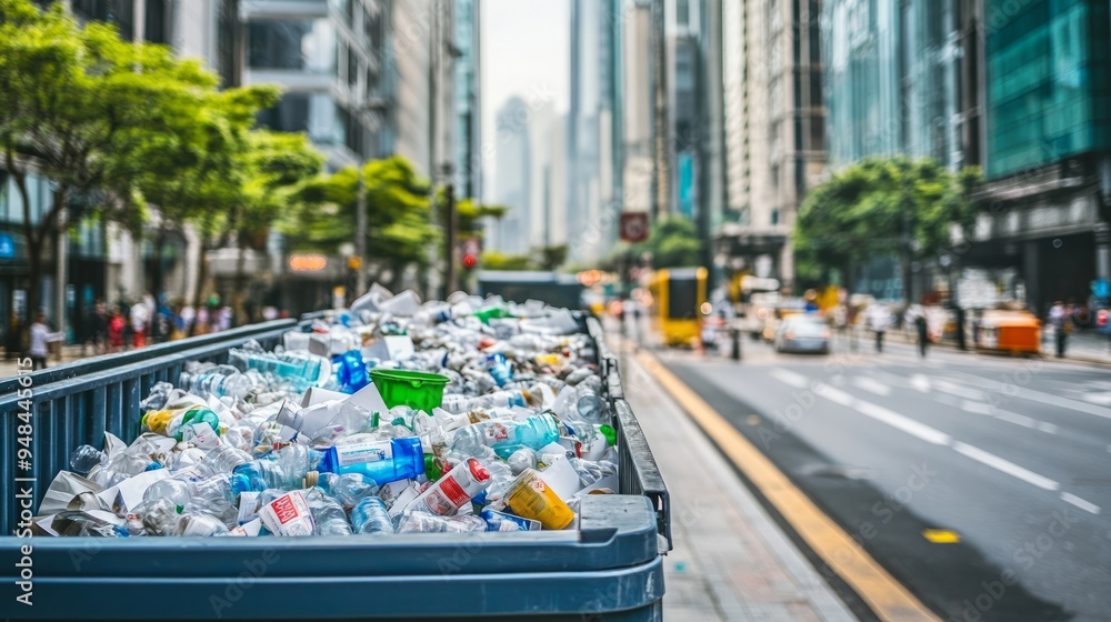 A overflowing trash can with plastic bottles and cans on a city street. A overflowing trash can with plastic bottles and cans on a city street.