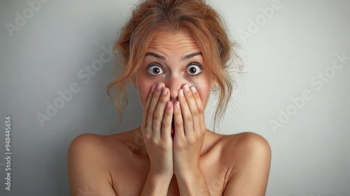 A shocked woman, both hands covering her mouth, is staring at an amazing scene.