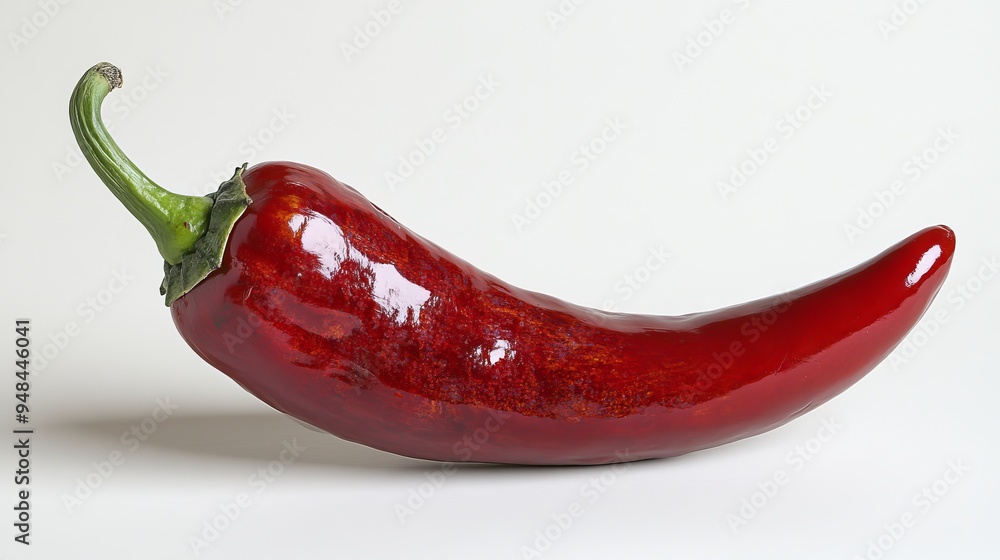 A single, glossy red chili pepper with a green stem, isolated against a white background. A single, glossy red chili pepper with a green stem, isolated against a white background.