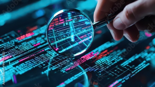 Wallpaper Mural Digital forensic analyst examining encrypted data streams, magnifying glass in hand, holographic display, forensics, cybercrime investigation Torontodigital.ca