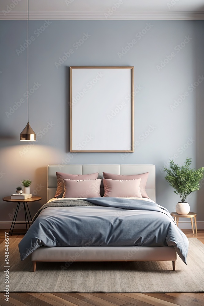 Frame mockup in bedroom interior with wooden bed, beige fringed blanket, cushion with tassels, dried pampas grass, basket and wicker lamp on white wall. 3d rendering, 3d illustration Frame mockup in bedroom interior with wooden bed, beige fringed blanket, cushion with tassels, dried pampas grass, basket and wicker lamp on white wall. 3d rendering, 3d illustration