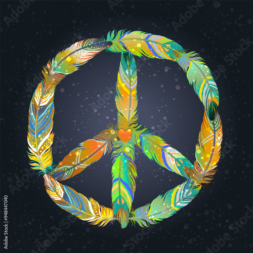 Peace sign made of colored bird feathers. Hippie symbol. Sixties Boho Style. ...