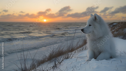 The beautiful white Samoyed dog is on a white dune on the snow Saulkrasti beach photo