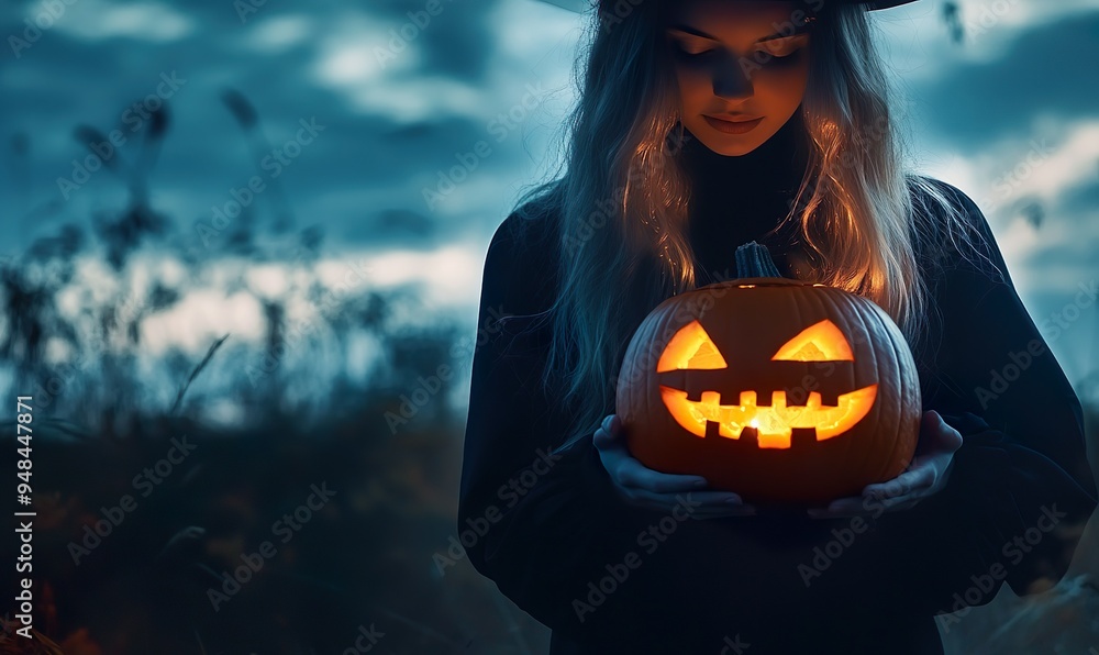 Naklejka premium Mysterious Halloween Witch Holding a Glowing Jack-o'-Lantern Pumpkin in Dark Enchanted Forest with Smoky Atmosphere and Bokeh Lights
