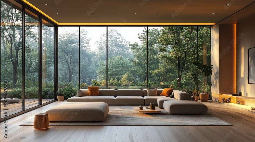 Serene Minimalism: Embracing Nature's Tranquility - A modern living room bathed in warm sunlight, featuring floor-to-ceiling windows that frame a lush green forest, exuding peace and serenity. Serene Minimalism: Embracing Nature's Tranquility - A modern living room bathed in warm sunlight, featuring floor-to-ceiling windows that frame a lush green forest, exuding peace and serenity.