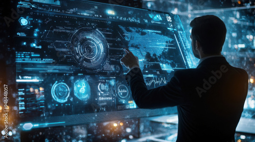 Businessman interacting with a digital screen featuring a futuristic interface, virtual