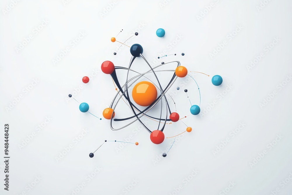 A stylized atomic model representing electrons orbiting a central nucleus in bright colors against a light background A stylized atomic model representing electrons orbiting a central nucleus in bright colors against a light background