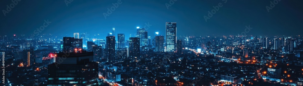 Naklejka premium Stunning panoramic view of a modern city skyline illuminated at night, showcasing urban architecture and bustling city life.