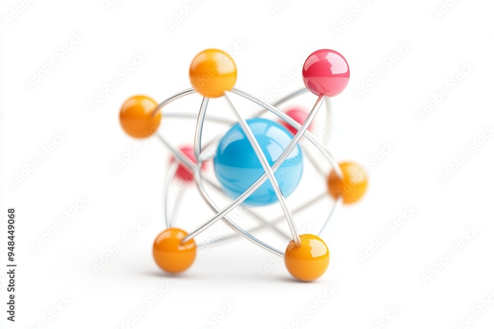 Obraz premium Colorful atomic model illustrating the structure of matter with vibrant particles against a white background