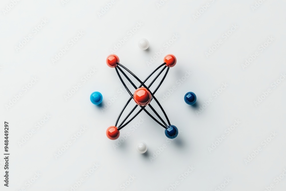 Colorful model of an atom with red, blue, and white balls arranged on a white surface showcasing scientific concepts of chemistry and physics Colorful model of an atom with red, blue, and white balls arranged on a white surface showcasing scientific concepts of chemistry and physics