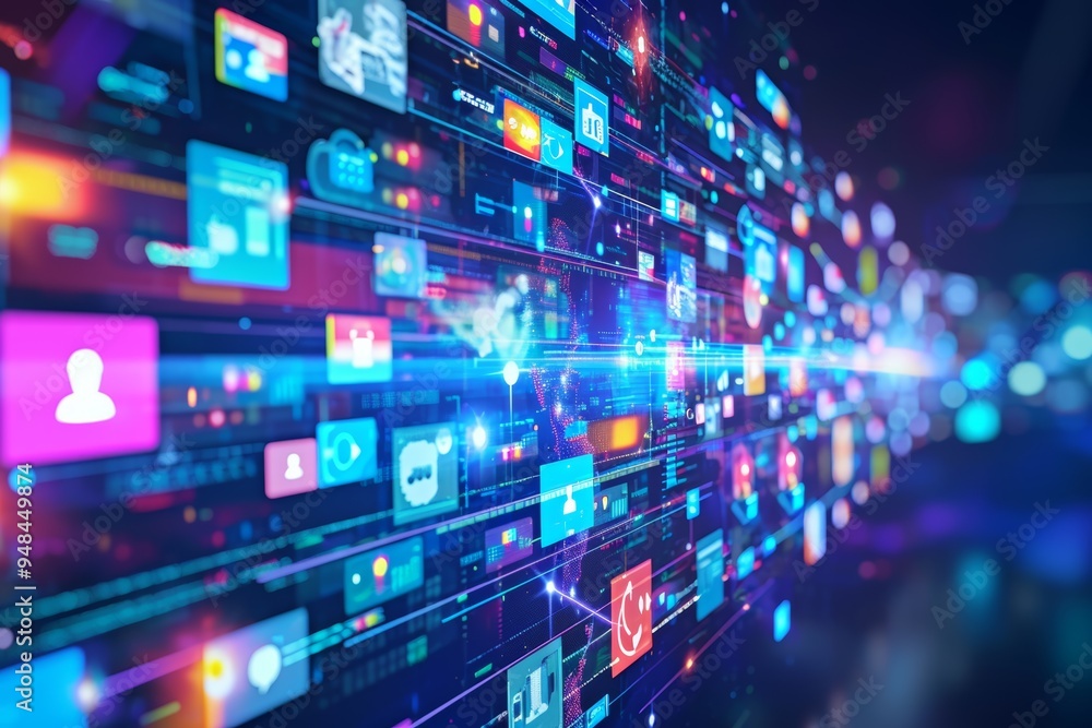 Digital contents concept. Social networking service. Streaming video. NFT. Non-fungible token. Wide angle visual for banners or advertisements Digital contents concept. Social networking service. Streaming video. NFT. Non-fungible token. Wide angle visual for banners or advertisements