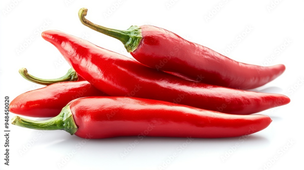 Four bright red chili peppers stacked on a white background. Four bright red chili peppers stacked on a white background.
