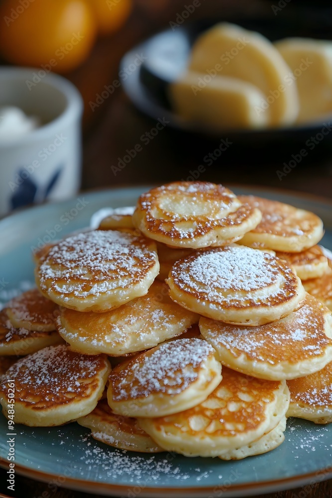 Poffertjes - Small, fluffy pancakes, typically served with butter and powdered sugar. Poffertjes - Small, fluffy pancakes, typically served with butter and powdered sugar.