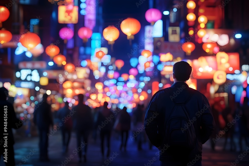 Bustling nighttime city street scene with a lively colorful street market Crowds of people exploring the energetic atmosphere filled with the sights and sounds of traditional lanterns street food Bustling nighttime city street scene with a lively colorful street market Crowds of people exploring the energetic atmosphere filled with the sights and sounds of traditional lanterns street food