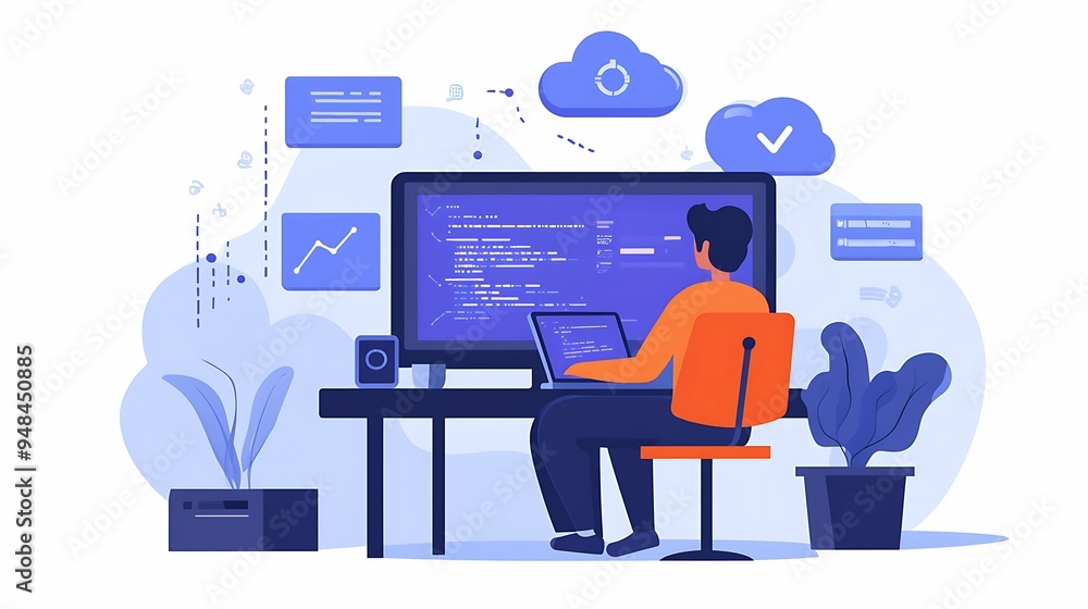 A modern illustration featuring a developer working on a computer with multiple screens, surrounded by cloud icons and data graphics, symbolizing software development and cloud computing. A modern illustration featuring a developer working on a computer with multiple screens, surrounded by cloud icons and data graphics, symbolizing software development and cloud computing.