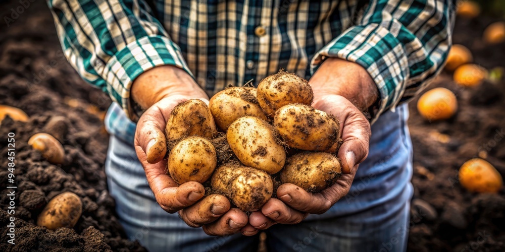 Freshly harvested potatoes held in dirty hands against a backdrop of fertile black soil, symbolizing sustainable farming practices and eco-friendly agricultural work. Freshly harvested potatoes held in dirty hands against a backdrop of fertile black soil, symbolizing sustainable farming practices and eco-friendly agricultural work.