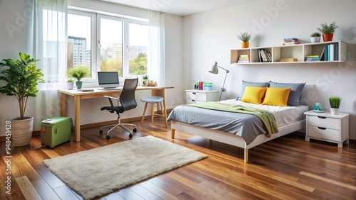 Freshly made bed, organized desk, and tidy floor with a few cleaning supplies scattered around, showcasing a newly cleaned and organized room. photo