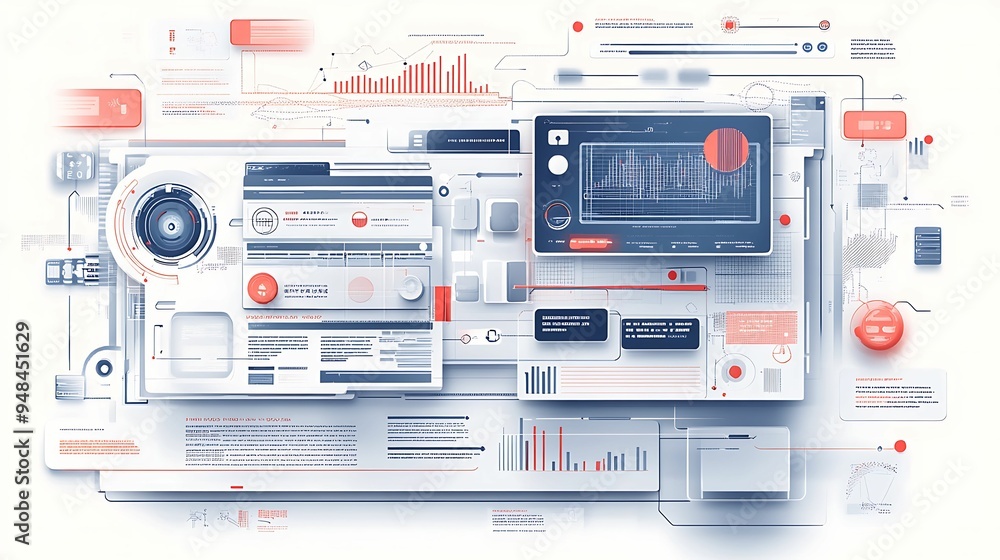 A futuristic data interface showcasing abstract analytics, graphs, and charts in a clean, white background with red and blue accents, representing high-tech data visualization. A futuristic data interface showcasing abstract analytics, graphs, and charts in a clean, white background with red and blue accents, representing high-tech data visualization.