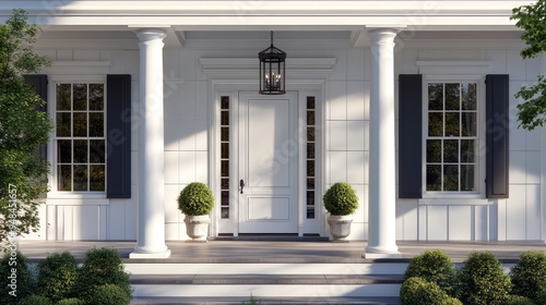 A front door detail of a white modern farmhouse with a white front door, black light fixtures, and a covered porch.