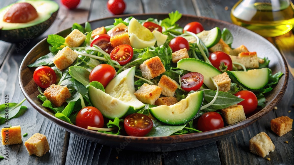 Freshly prepared mixed green salad with sliced avocado, cherry tomatoes, crunchy croutons, and shaved parmesan cheese, garnished with a decorative olive icon on top. Freshly prepared mixed green salad with sliced avocado, cherry tomatoes, crunchy croutons, and shaved parmesan cheese, garnished with a decorative olive icon on top.