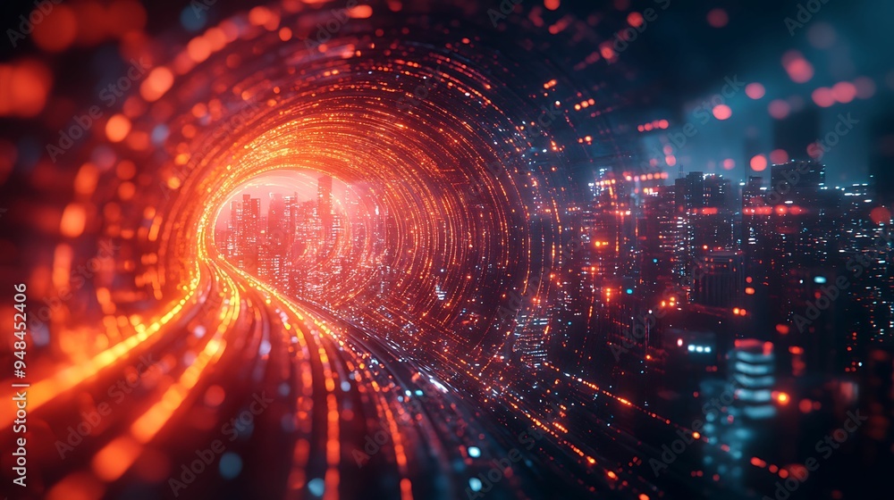 Fototapeta premium A futuristic scene depicting a glowing data tunnel leading to a cityscape, surrounded by digital lights and high-tech ambiance.