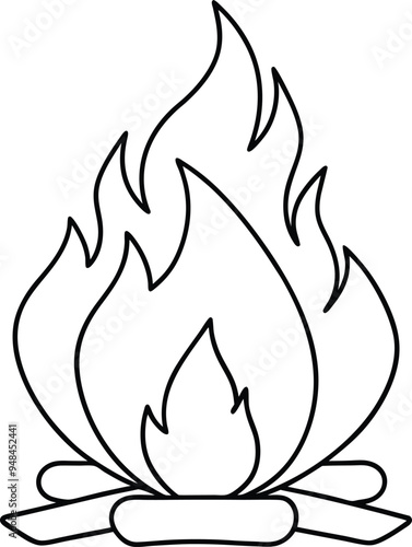 Minimalistic bonfire vector line art showing flames rising from burning wood 