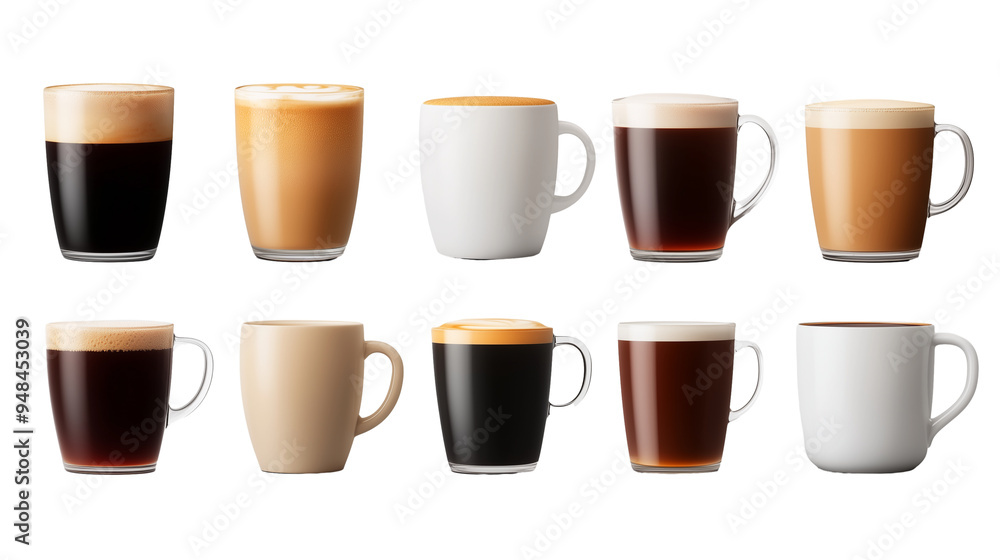 Set of coffee drinks latte, cappuccino, espresso, americano, mocha in cups isolated on transparent background Set of coffee drinks latte, cappuccino, espresso, americano, mocha in cups isolated on transparent background