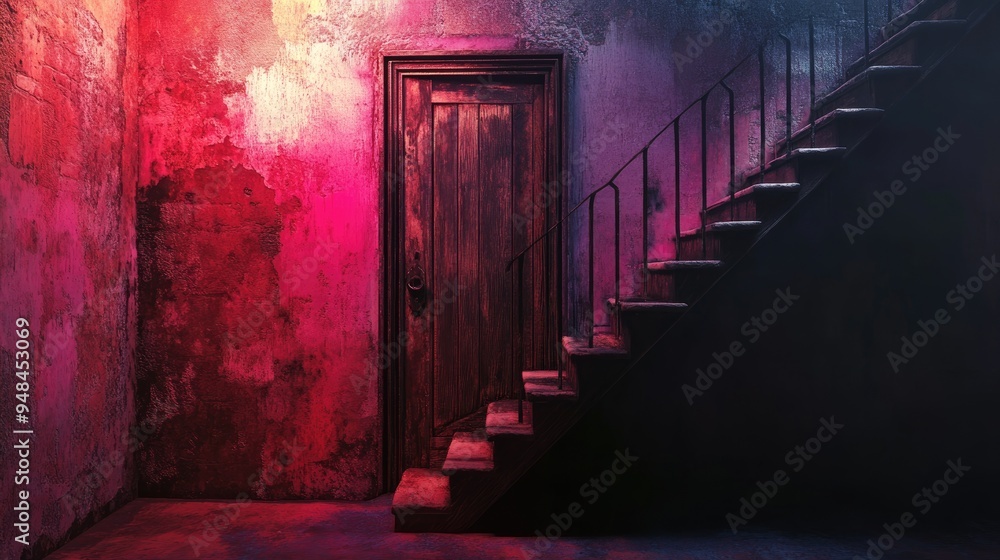 Fototapeta premium 3D rendering of a vintage aged wooden door with an iron handle opening to a stairway featuring ample empty space for text