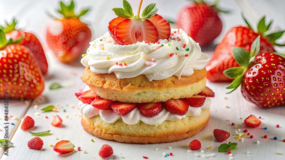 Freshly whipped creamy topping dolloped on a bright red strawberry shortcake, surrounded by sliced strawberries and sprinkles, against a clean white background. Freshly whipped creamy topping dolloped on a bright red strawberry shortcake, surrounded by sliced strawberries and sprinkles, against a clean white background.