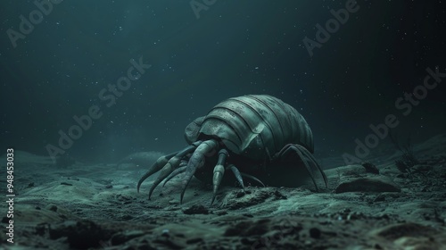 A large, armored creature with multiple legs sits on a sandy seabed in a dark, mysterious environment. photo