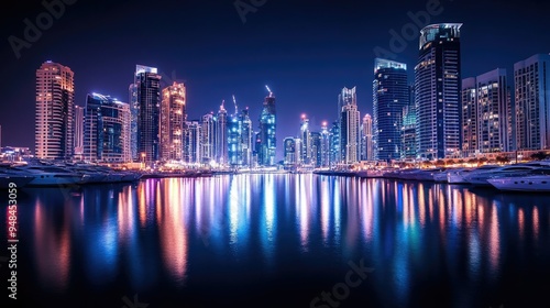 Illuminated Marina Vista: Nighttime long exposure of Dubai Marina, showcasing the bright city lights and their mesmerizing reflections on the marina's surface.