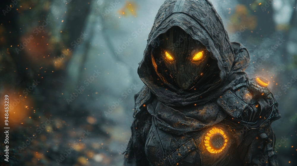 Dark Figure with Glowing Eyes in Smoke and Fire Dark Figure with Glowing Eyes in Smoke and Fire